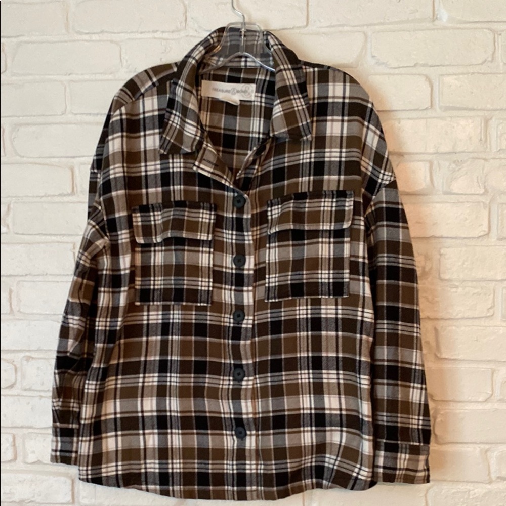 Treasure & Bond Olive, Black and Cream Plaid Shacket - M